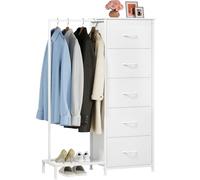 Somdot Comoda Dormitorio con Barra para Colgar Ropa, Cajonera con Zapatero, Gavetero con Cajones de Tela, 30 Profundo x 79 Ancho x 114,5 Alto (5 Cajones), Blanca