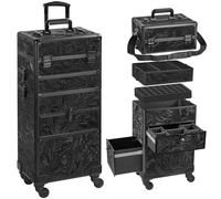 Somduy Estuche de maquillaje con ruedas con cajón, estuche de maquillaje 4 en 1, estuche de cosmetología con ruedas, regalo de Navidad, organizador de maquillaje grande, estuche de cosméticos