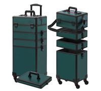 Somduy Estuche de maquillaje con ruedas, estuche de cosmetología con ruedas, regalo de Navidad, organizador de maquillaje grande, estuche de cosméticos profesional para peluquería, Negro Verde, 4