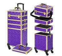 Somduy Estuche de maquillaje con ruedas, estuche de maquillaje con tapa, estuche de cosmetología 5 en 1 con ruedas, regalo de Navidad, organizador de maquillaje grande, color morado y dorado, Púrpura,
