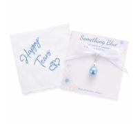 Something Blue - Juego de regalo para novia, dije de perlas blancas y azules y lágrimas felices, pañuelo bordado, accesorio de despedida de soltera, elegante pañuelo de boda, joyería de perlas