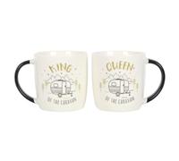 Something Different The Happy Camper - Juego de 2 tazas de porcelana de hueso, diseño de caravana para parejas de rey y reina