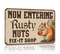 Sometimes Now Entering Rusty Nuts Fix It Shop - Letrero de lata divertido para decoración de pared de ardilla para cocina, cafetería, bar, patio, valla de jardín, 30,5 x 20,3 cm