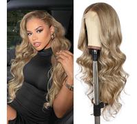 SOMIARIK Peluca larga ondulada de 13 x 4 pulgadas, color rubio ceniza claro para mujer, prearrancada con abuelitos, parte media, color rubio ceniza degradado, peluca larga resistente al calor, pelucas