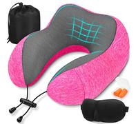 SOMLAW Almohada de Viaje para Cuello, Comfy Almohada Avion Viscoelastica de Espuma Memoria, Cojin Cuello Viaje con Máscara de Ojos, Tapones y Bolsa, Ideal para Avión, Tren y Coche (Rosa)