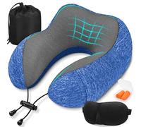 SOMLAW Almohada de Viaje para Cuello, Comfy Almohada Avion Viscoelastica de Espuma Memoria, Cojin Cuello Viaje con Máscara de Ojos, Tapones y Bolsa, Ideal para Avión, Tren y Coche (Azul)