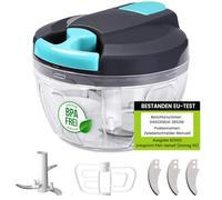 SOMLAW Cortador de cebolla manual, 520 ml, cortador manual de cebolla, picar y mezclar para verduras, 3 cuchillas de acero inoxidable adicionales y 1 batidora (gris azul)