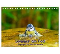Sommer am Pool - Singvögel an der Badestelle (Tischkalender 2026 DIN A5 quer), CALVENDO Monatskalender: Badende Singvögel im Garten