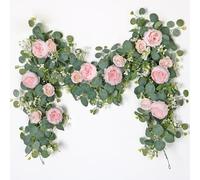 SOMYTING 2 guirnaldas de flores artificiales de eucalipto, vintage, flores falsas, peonías, vid de rosas, verde, decoración de pared para arco de boda, arreglo de puerta, decoración de fiestas (rosa