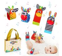 Sonajero Calcetines y Muñequeras para Bebé, Sonajero Toys con Buscador de Muñeca y Pie Juguetes de Animales Suaves y Bonitos para Recién Nacidos Niños Bebés (2 Pulseras y 2 Calcetines)