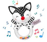 Sonajeros Para Bebés de 0 A 6 Meses, Sonajeros Suaves En Blanco Y Negro, Juguetes de Animales de Peluche, Juguetes de Agarre de Primera Mano Para Bebés(Anillo de Goma Zorro)