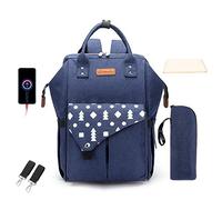 SONARIN Mochilas para Pañales con Almohadilla para pañales,Bolsa para Biberones, 2 Gancho del Cochecito, Bolsa para Pañales con Puerto de Carga USB,Impermeable,Gran Capacidad,Elegante(Azul)