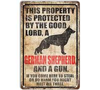 SONAXO Letreros divertidos de metal de estaño con texto en inglés "This Property Is Protected By The Good Lord, A German Shepherd and A Gun", 12 x 8 pulgadas