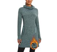 Soneven Vestido largo de forro polar para mujer, con bolsillos, cuello alto, vestido de invierno, otoño, verde, S