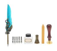 Sonew Juego de Pluma Retro con Patrones de Mapas Vintage, Pluma, 5 Puntas de Repuesto, Base de Latón, Botella de Tinta para una Escritura Elegante (lago azul)