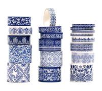Songdao 19 rollos Porcelana Azul y Blanca Washi Tape Set, Cerámica China Cinta Adhesivo Decorativo Lámina de oro Masking Tapes para Artes, Bullet Journal, Scrapbooking, Bricolaje (2-Echoes of Blue)