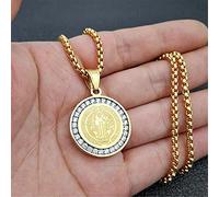 SONGK Colgante de Medalla Sagrada de San Benito Helado de Hip Hop con Cadena, Collar de Jesús de Acero Inoxidable de Color Dorado, joyería Religiosa