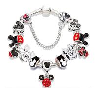 SONGK Diseño Clásico Cristal Rojo Mickey Minnie Colgante Perla Pulsera Color Plata Corazón Joyería con Abalorios