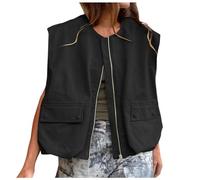Songma - Cárdigan de moda para mujer, sin mangas, con bolsillo, ancho, color sólido, con cremallera, a la moda, a rayas verticales, para mujer, Negro, L