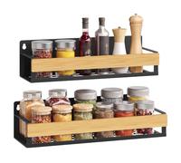 SONGMICS 2 Especieros para Cocina, Estantes de Pared, Acero y Bambú | Estante Almacenamiento Cocina, 30 x 10,3 x 7,5 cm, Drenaje, Baño, Negro Tinta y Bambú Claro, Colección Bystro KCS602B101