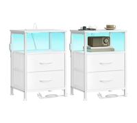 SONGMICS 2 Mesitas de Noche con Luces LED y Estación de Carga | 2 Cajones y Estante Abierto, 39,6 x 30 x 60,4 cm, para Dormitorio, Blanco Nube, COLECCIÓN BELLAH LGS202W102