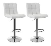 SONGMICS 2 x Taburetes de Bar con Respaldo regulable en altura y giratorio cromado de cuero sintético Blanco LJB64W
