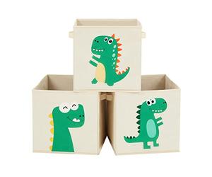 SONGMICS 3 Cajas de Almacenamiento de Niños, Juego de Organizadores de Juguetes 30 x 30 x 30 cm, Cubos Plegables con Asas, para Dormitorio, Sala de Juegos, Patrones de Dinosaurios, Beige RFB704W03