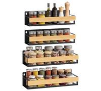 SONGMICS 4 Especieros para Cocina, Estantes de Pared, Acero y Bambú | Estante Almacenamiento Cocina, 30 x 10,3 x 7,5 cm, Drenaje, Baño, Negro Tinta y Bambú Claro, Colección Bystro KCS601B101