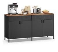 SONGMICS Aparador Cocina, Aparador de Metal, 141 x 40 x 76 cm | 4 Puertas Magnéticas, Estante Ajustable, Marco de Acero, Negro Mate y Marrón Rústico, Colección BRAVON LSC205BD01