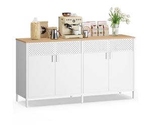 SONGMICS Aparador Cocina, Aparador de Metal, 141 x 40 x 76 cm | 4 Puertas Magnéticas, Estante Ajustable, Marco de Acero, Blanco Mate y Beige Roble, Colección BRAVON LSC205WC01
