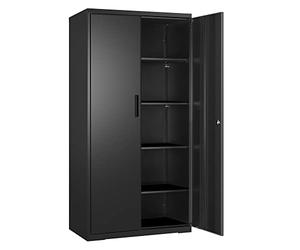 SONGMICS Armario de Garaje de 5 Estantes con 2 Puertas, Armario de Oficina, 40 x 80 x 180 cm, 1 Cerradura, Estantes Ajustables, Gabinete de Metal, Negro Mate OMC015B01