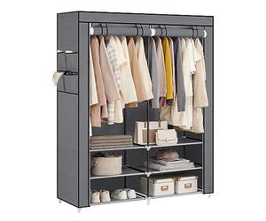 SONGMICS Armario de Ropa, Armario de Tela Portátil, 45 x 127 x 176 cm, 2 Barras de Colgar, Estantes y 4 Bolsillos Laterales, Espacioso para Dormitorio, Salón, Gris RYG008G02