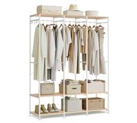 SONGMICS Armario de Ropa Portátil, con Barras de Colgar, 141 x 40 x 180 cm | Armario, Perchero, Estantes de Almacenamiento, Ganchos Extraíbles, Beige Natural y Blanco Mate, Colección BLOCHIC RGR005W67