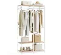 SONGMICS Armario de Ropa Portátil, Armario Plegable, Perchero, Organizador Armario, con Barras de Colgar, Estantes de Almacenamiento, Ganchos Extraíbles, 40 x 94,5 x 180 cm, Beige Natural RGR004W67