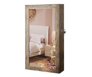 SONGMICS Armario Joyero de Pared, Armario de Joyas con Espejo, Organizador de Joyas para Ahorrar Espacio, Superficie Marrón Rústico y Forro Negro JJC051K01