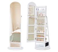 SONGMICS Armario Joyero Giratorio 360° con LED, de Cuerpo Entero, Cajón | Espejo Interior, Espejo de Aumento, Ganchos, Baldas, Blanco Nube, Colección AILEAS JJC030WB01