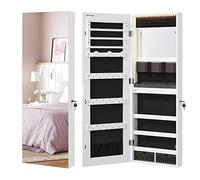 SONGMICS Armario Joyero, Montado en la Pared, con Luces LED, 2 Cajones | Armario para Joyas, Espejo sin Marco, Espejo de Maquillaje Integrado, con Cerradura, Blanco, Colección BERIT JJC013W01