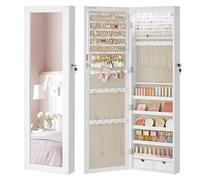 SONGMICS Espejo Joyero LED, 120 cm de Alto con Cerradura, Armario Joyero de Pared o Montado en la Puerta, Organizador de Joyas con Espejo, 10 x 37 x 120 cm, Regalos Navidad, Blanco y Beige Capuchino
