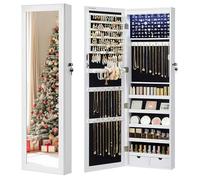 SONGMICS Armario para Joyas, Espejo Joyero de Pared, con Luces LED y Cierre, Organizador de para Pendiente, Collar, Espejo y Varios Compartimentos, Blanco con Vetas de Madera JJC93W