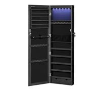 SONGMICS Armario para Joyas, Espejo Joyero de Pared, con Luces LED y Cierre, Organizador de para Pendiente, Collar, Espejo y Varios Compartimentos, Negro/Roble/Superficie Blanca y Forro Blanco
