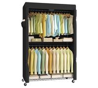 SONGMICS Armario portátil, Estante de Ropa Resistente con Ruedas, Perchero de Ropa de 43.3 Pulgadas de Ancho con Ruedas, con estantes de Malla Ajustables y rieles para Colgar, Cubierta de Tela, Tinta