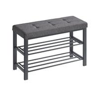 SONGMICS Banco, Zapatero de 3 Niveles, Organizador Zapatos con Asiento Acolchado de Espuma, Lino, Marco de Metal, para Sala de Estar, Pasillo, 31 x 81 x 49 cm, Gris Oscuro y Negro LBS057B01