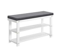 SONGMICS Banco Zapatero de Bambú, Zapatero de 2 Niveles, Organizador de Zapatos Estable para Entrada, Sala de Estar, Asiento de Banco Soporta hasta 136 kg, 29 x 90 x 49 cm, Blanco y Gris LBS904W01