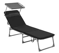 SONGMICS Bañera de Sol, con Colchón de 3 cm, Tumbona Plegable, Tumbona, 193 x 53 x 29,5 cm, Capacidad 150 kg, Parasol Respaldo Inclinable, Jardín, Piscina, Terraza, Negro GCB193B01