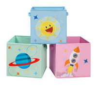 SONGMICS Baúl Juguetes Infantil con Tema del Espacio, Plegable, Juego de 3 | Caja Almacenaje, Organizador para Habitación de Niños, 30 x 30 x 30 cm, Azul, Verde y Rosa, Colección TEZA RFB001Y03