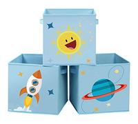 SONGMICS Baúl Juguetes Infantil con Tema Espacial, Plegable, Juego de 3 | Caja Almacenaje, Organizador para Habitación de Niños, 30 x 30 x 30 cm, Azul, Colección TEZA RFB001B03