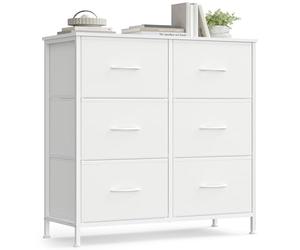 SONGMICS BELLAH Colección - Cómoda, 6 Cajones de Tela, Acero, MDF, Tela no Tejida, para Dormitorio, Armario, Pasillo, Salón, Blanco Nube y Blanco Nieve LGS123WH01