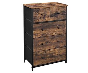 SONGMICS BELLAH Colección - Cómoda, Unidad de Almacenamiento Tela, 5 Cajones, Cajonera de Estilo Industrial, para el Salón, Pasillo, Cuarto de Niños, Marrón Rústico y Negro Clásico LGS45H