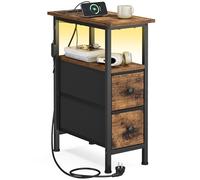 SONGMICS BELLAH Colección - Mesita Auxiliar, Mesita de Noche con Regleta, Mesa de Centro con Iluminación LED, 2 Cajones, Salón, Dormitorio, Marrón Rústico LGS002K102