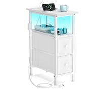 SONGMICS BELLAH Colección - Mesita Auxiliar, Mesita de Noche con Regleta, Mesa de Centro con Iluminación LED, 2 Cajones, Salón, Dormitorio, Blanco Nube LGS002W102